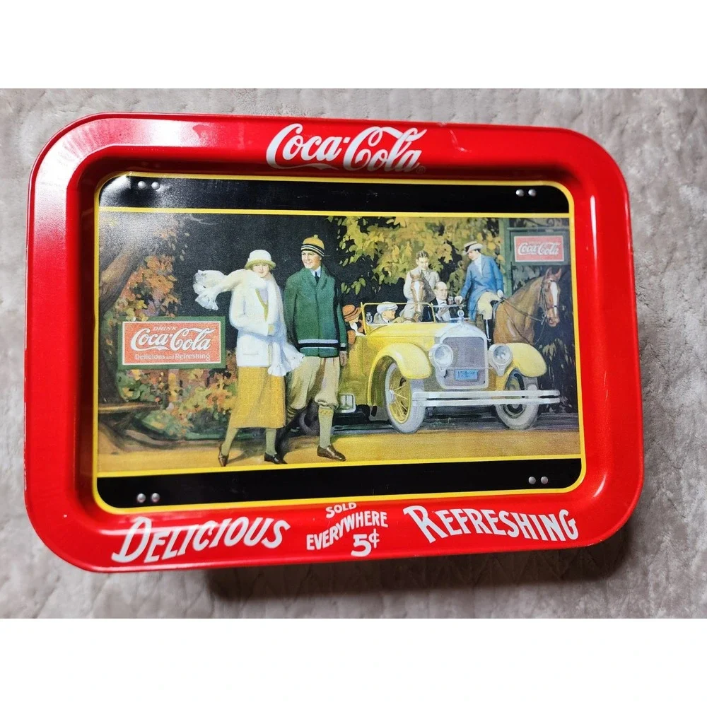 Coca-Cola Metal Serving Lap Tray 1987 Touring Car Vintage Red Soda Collectible